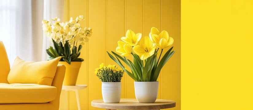 Vibrant yellow color palette mood board showcasing stylish interior design with decorative flowers and cheerful decor elements.