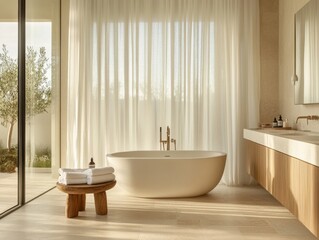 A bathroom with a bathtub and a wooden stool. The bathtub is white and the stool is brown
