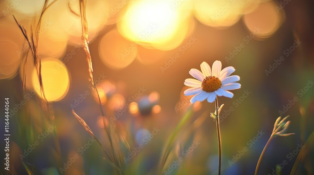 Poster soft focus floral background with bokeh effect highlighting a lone daisy at sunset creating a tranqu