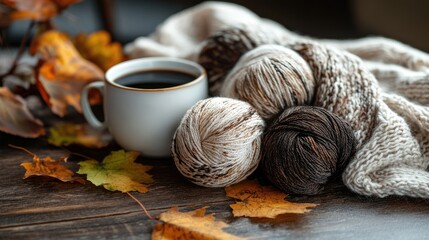 Cozy knitting scene featuring beautiful yarn in neutral tones alongside a cup of black coffee and autumn leaves on a rustic wooden table.