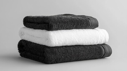 Stacked Black and White Towels on Isolated Grey Background for Minimalist Home Decoration
