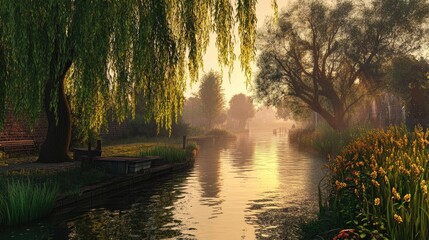 Serene early morning canal scene with lush willows and soft golden sunlight reflecting on tranquil waters