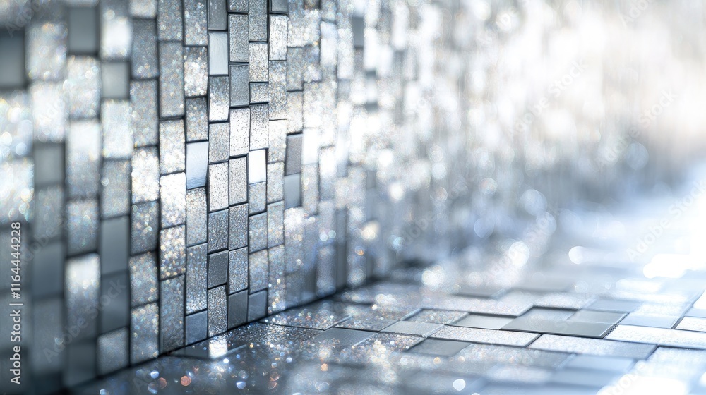 Poster abstract bokeh background of shimmering glitter mosaic wall tiles with reflections and soft focus fo
