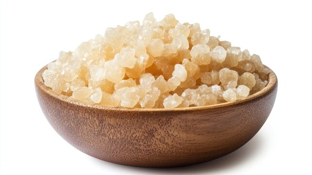 Bowl of translucent tragacanth gum crystals placed on a wooden surface against a white background
