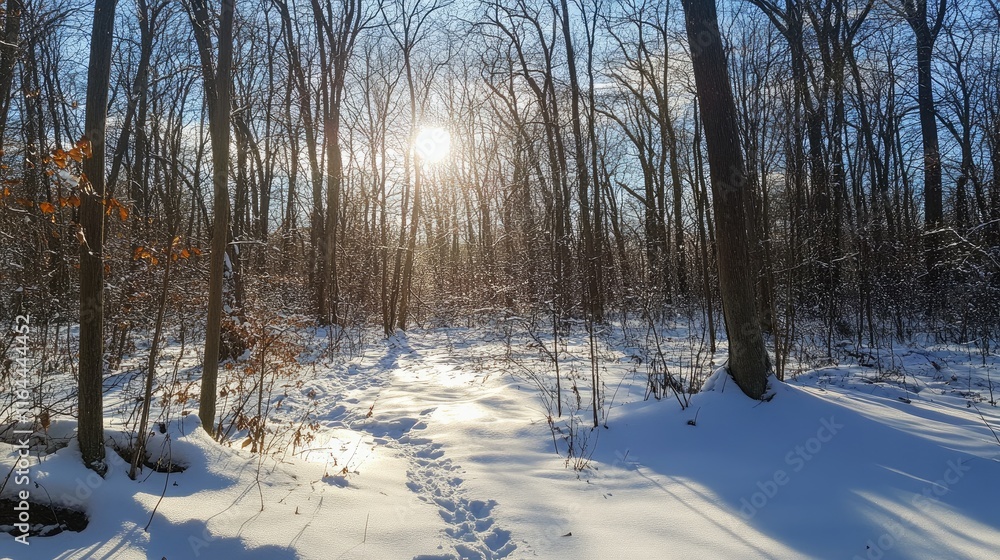 Aufkleber winter landscape with sunlight filtering through snowy trees in a serene forest setting
