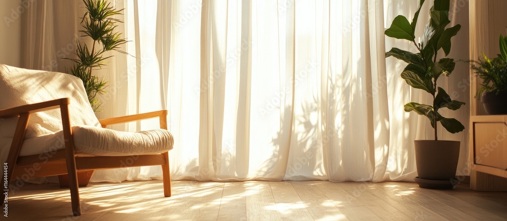Poster elegant interior with sunlight filtering through flowing curtains creating a cozy and inviting atmos
