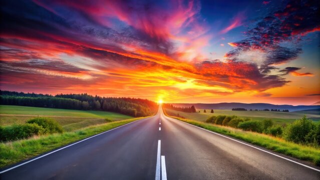 Asphalt road vanishing into a vibrant sunset over rolling hills and lush green fields