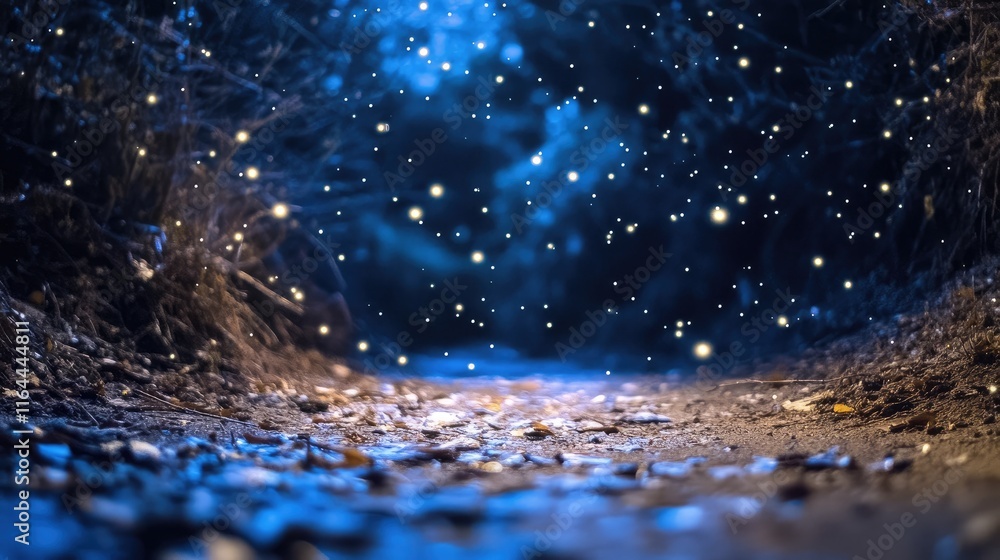 Poster magical night bokeh effect creating an enchanting atmosphere in a tranquil path with glowing lights 