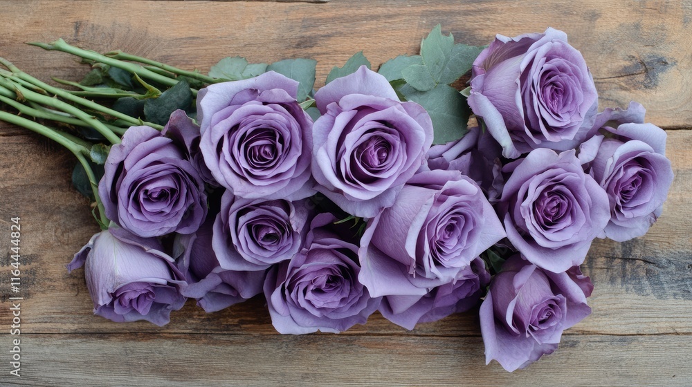 Poster purple roses bouquet arranged on rustic wooden table top with ample blank space for text or design e
