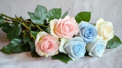 Pastel roses arrangement on neutral background with greenery and ample space for text placement in floral design theme.