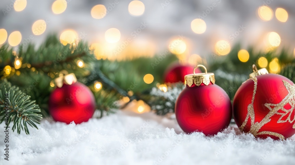 Poster bokeh effect of red christmas ornaments on snow with festive lights and evergreen branches creating 