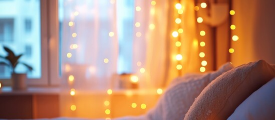 Fototapeta premium Cozy blurred bedroom interior featuring soft lighting and decorative fairy lights perfect for creating a warm and inviting atmosphere.