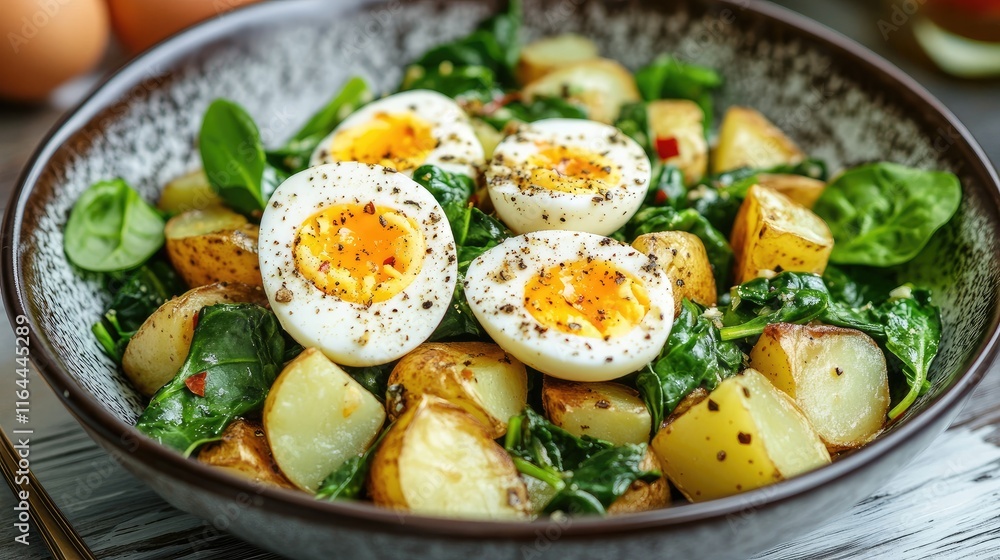 Poster Boiled Potatoes with Spinach and Soft Boiled Eggs in a Rustic Bowl Presentation