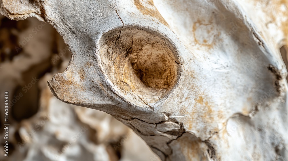 Poster close up of bovid bone fossil showing texture and detail in studio lighting
