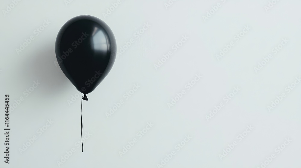 Poster black balloon floating against a minimalistic white background with ample space for custom text or d