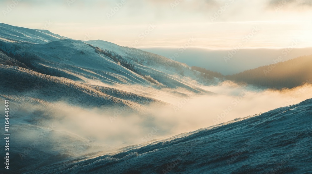 Poster winter landscape in carpathian mountains with fog and snow creating a serene atmosphere under soft m