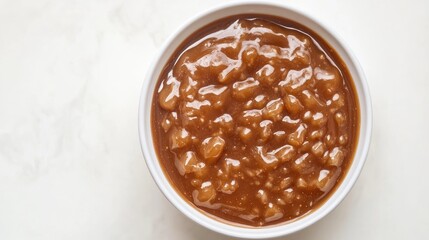 Bowl of creamy caramel sauce bubbling on a white background ready for dessert or baking inspiration