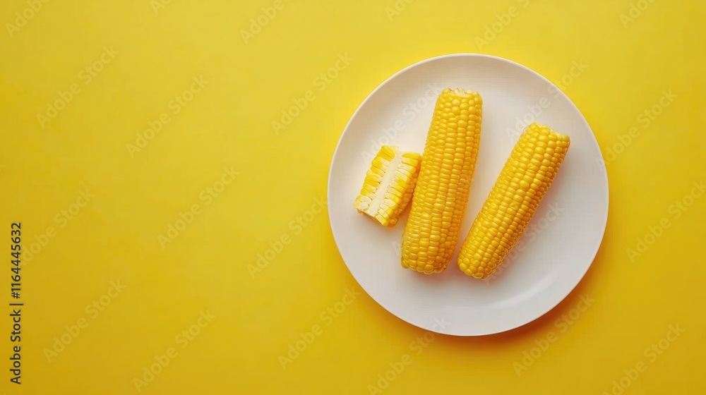 Poster boiled corn cobs on a white plate with bright yellow background and ample space for text in a top vi