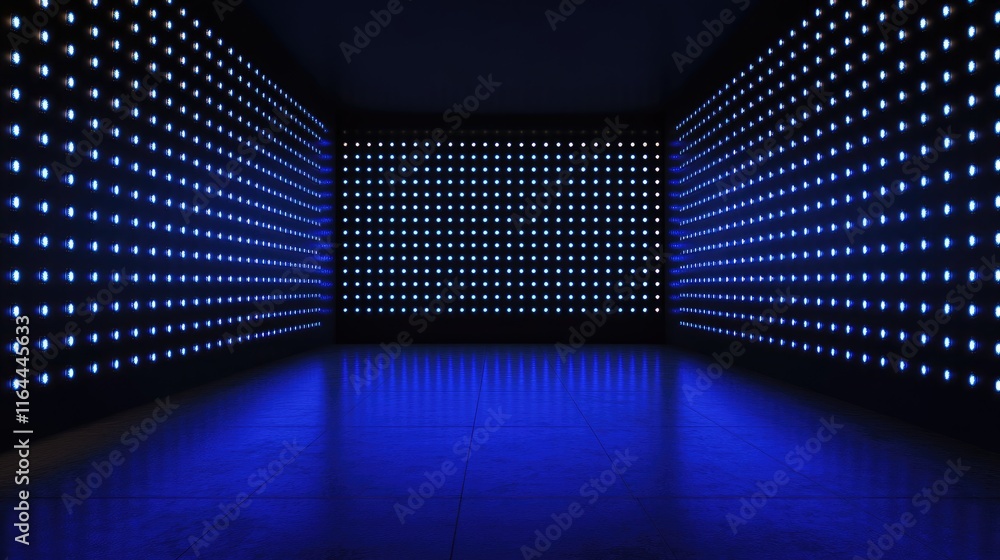 Poster illuminated blue led panel background in dark space with abstract lighting design