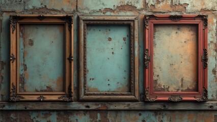 Naklejka premium Nostalgic Grunge, Distressed Wooden & Metal Frames on Weathered Concrete Background - Urban Decay Textures