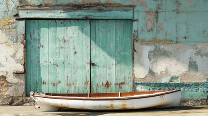 Rustic boat repurposed as shed against weathered wall with mint green door providing ample copy space for creative projects