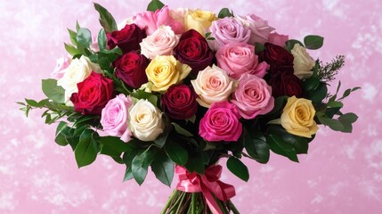 Assorted bouquet of twenty-five vibrant roses in various colors against a soft pink background showcasing beauty and elegance.