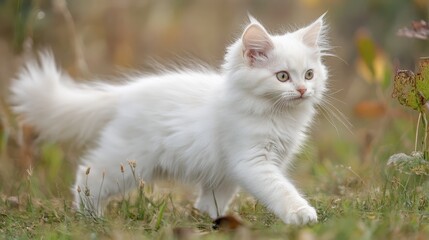 Fototapeta premium White bobtail kitten exploring a sunlit grassy field surrounded by wildflowers and summer foliage