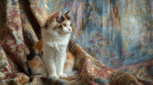 Calico Norwegian Forest Cat kitten gracefully seated on elegant decorative fabric backdrop in soft natural lighting