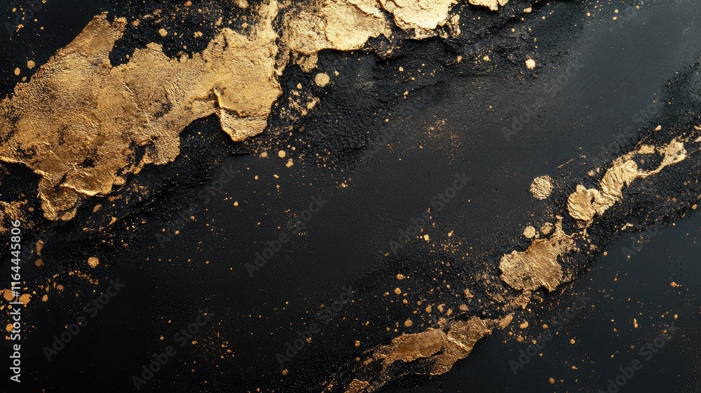 Poster abstract black background with luxurious gold foil overlays creating a striking artistic texture and