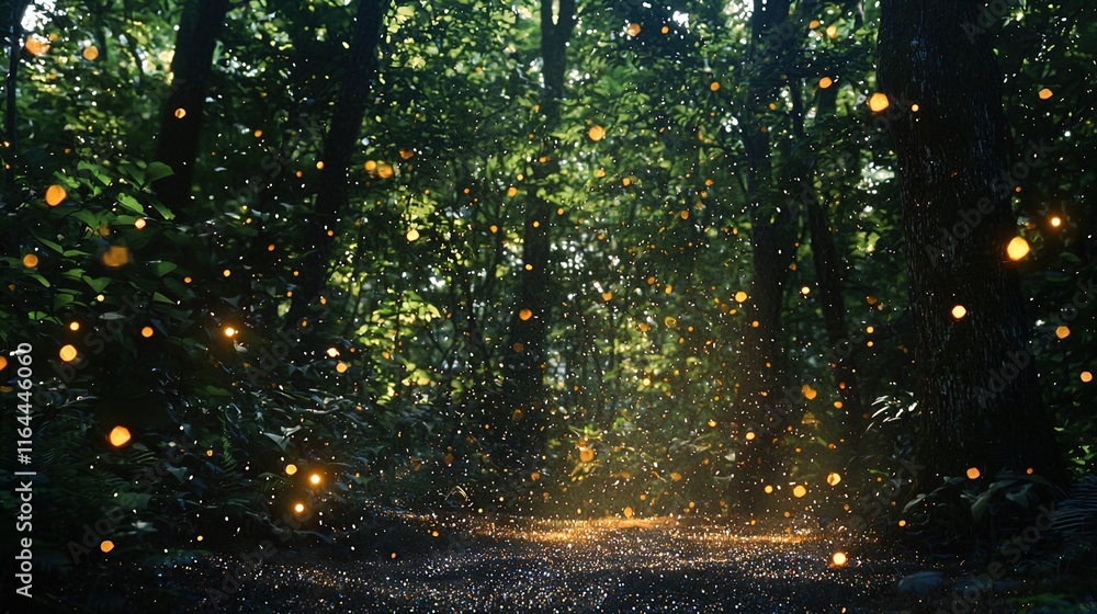 Wall mural a serene forest scene illuminated by sparkling golden particles drifting through the air. the settin