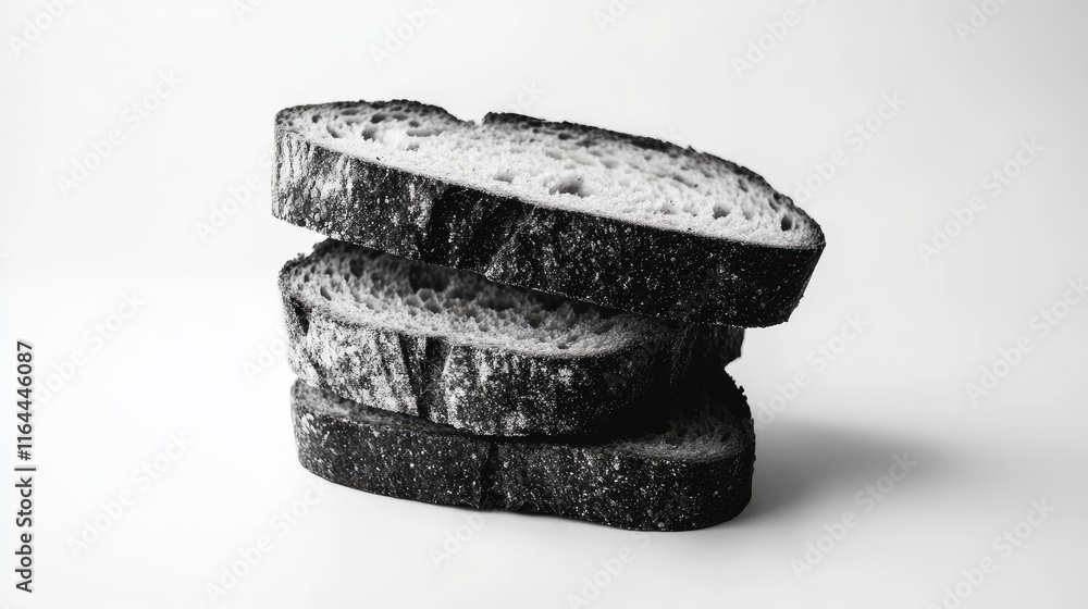 Poster freshly baked bread slices arranged in a stack showcasing texture in a minimalist black and white pr