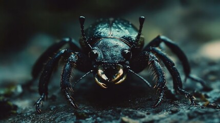 Close-up of Calosoma inquisitor showcasing intricate details of its dark exoskeleton and prominent mandibles on a natural background.