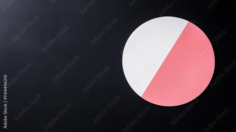 Poster abstract composition of a black background featuring a stylized circle divided into white and pink s