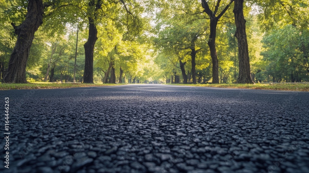 Aufkleber serene black asphalt pathway lined with lush green trees creating a peaceful atmosphere in a public 