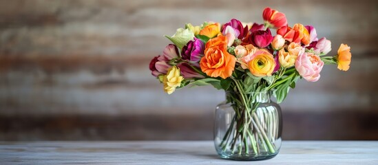 Vibrant floral arrangement in a glass vase showcasing beauty and elegance for home decor on a rustic wooden table