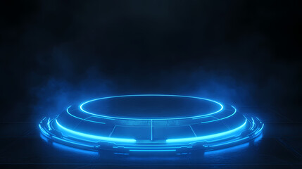 Fototapeta premium Mesmerizing blue neon light trails dancing across a darkened high tech backdrop creating a captivating futuristic atmosphere with open space for text or graphics. Luminiferous. Illustration
