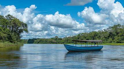 Fototapeta premium Boat gliding through the tranquil waters of the rainforest at midday