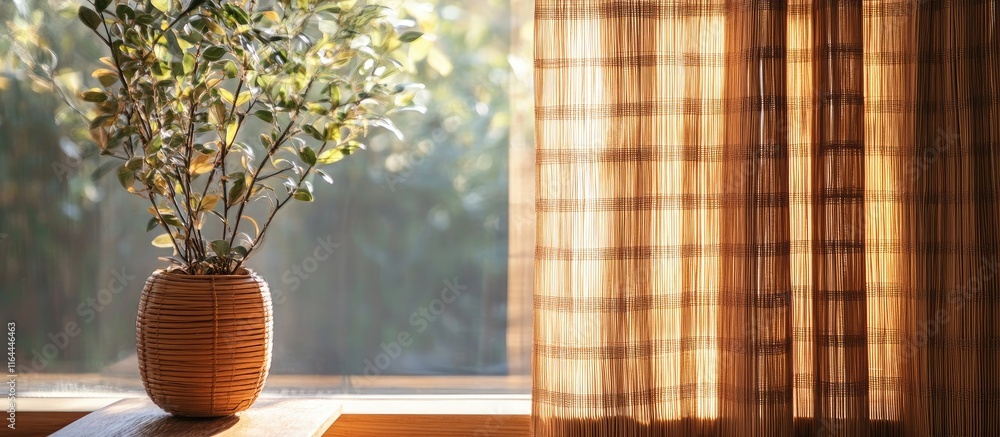 Aufkleber serene bamboo curtain swaying softly in sunlight creating a warm and rustic atmosphere in a cozy int