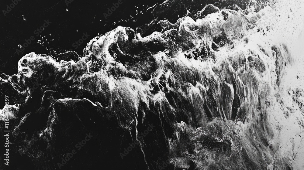 Poster dynamic close-up of flowing water showcasing intricate wave patterns and textures in monochrome tone