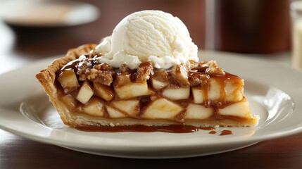 Caramel apple pie slice with vanilla ice cream served on a white plate for dessert presentation and culinary delight
