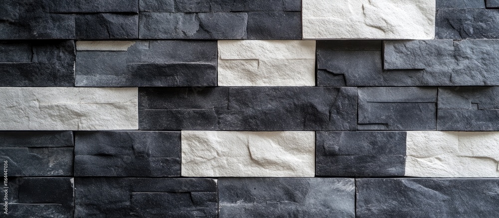 Poster textured black and white brick wall showcasing distinct stone blocks perfect for architectural desig
