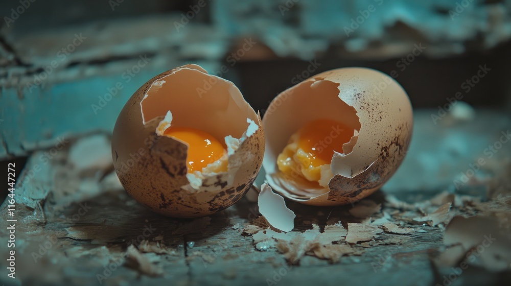 Poster cracked boiled eggs on rustic wooden table with shells and yolks exposed in a moody atmospheric sett