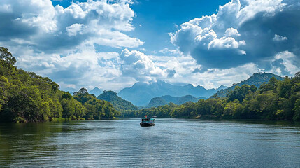 Scenic river view under a dramatic sky with mountains in the background
