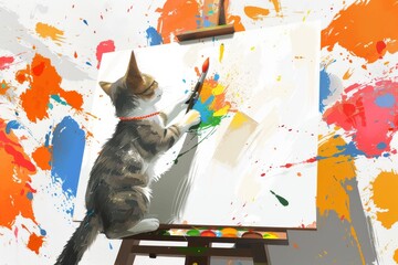 Cat painting on canvas with colorful splashes