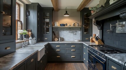 A Country house kitchen cabinets with English frames in a dark kitchen decor.