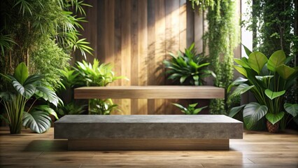 Obraz premium Serene Stone Platform Amidst Lush Greenery and Wooden Accents