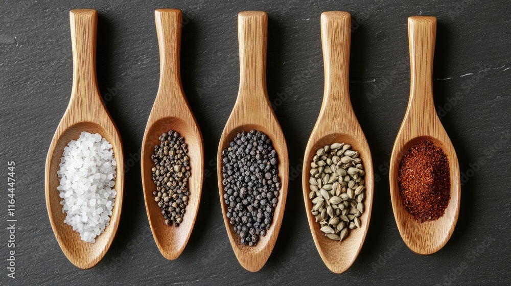 Poster wooden spoons filled with various spices and salts arranged in a row on a dark background showcasing