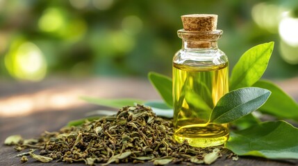 Camphor tree dried leaves and essential oil showcasing medicinal benefits and natural healing properties on a wooden surface.