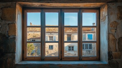 Charming rustic window view of historical buildings in a quaint village under a clear blue sky