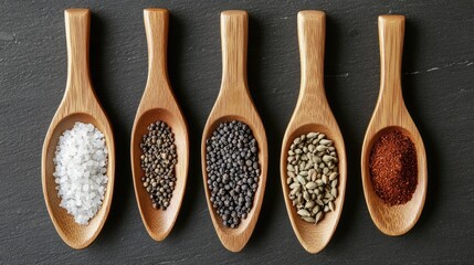 Wooden spoons filled with various spices and salts arranged in a row on a dark background showcasing texture and color diversity